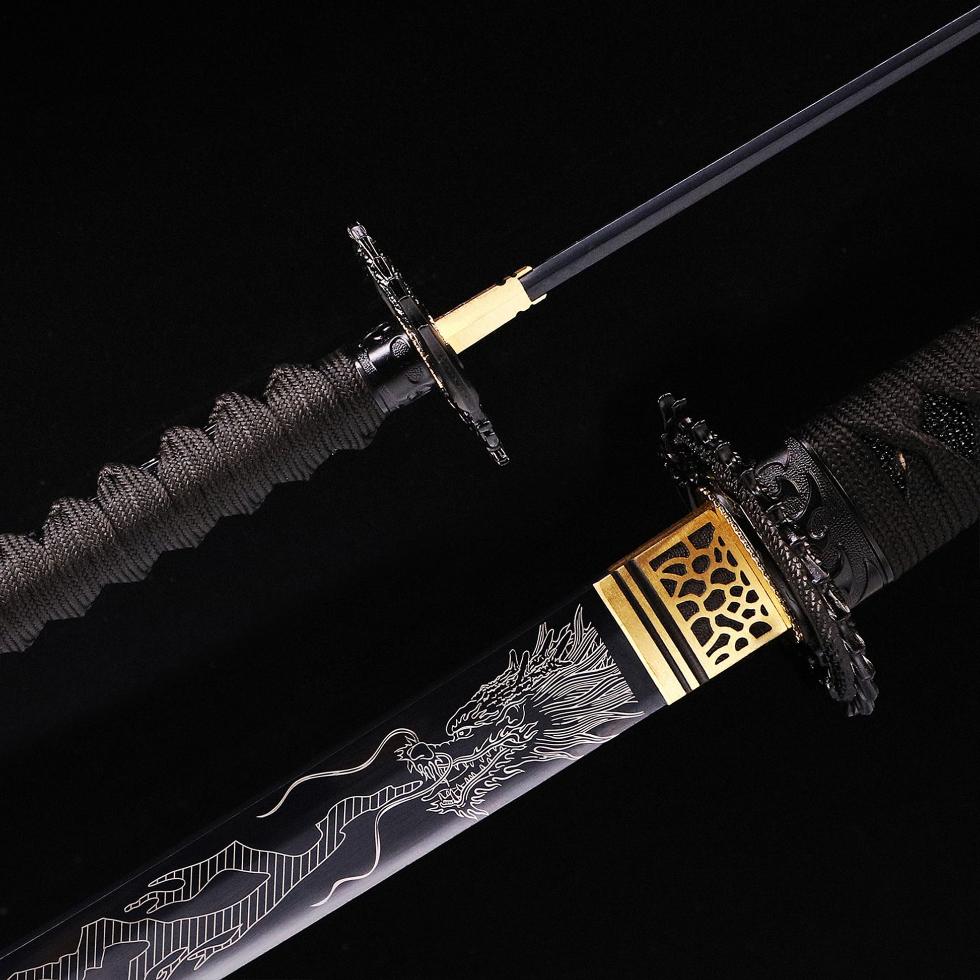 Black Dragon katana blade close-up - razor sharp black edge and hamon detail