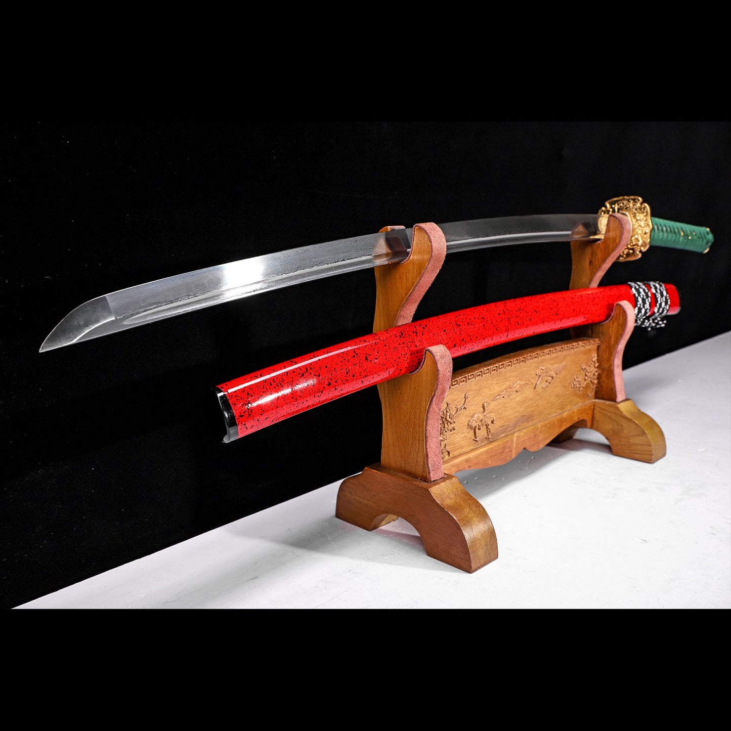 Pattern Steel Katana with Green Handle & Red Saya
