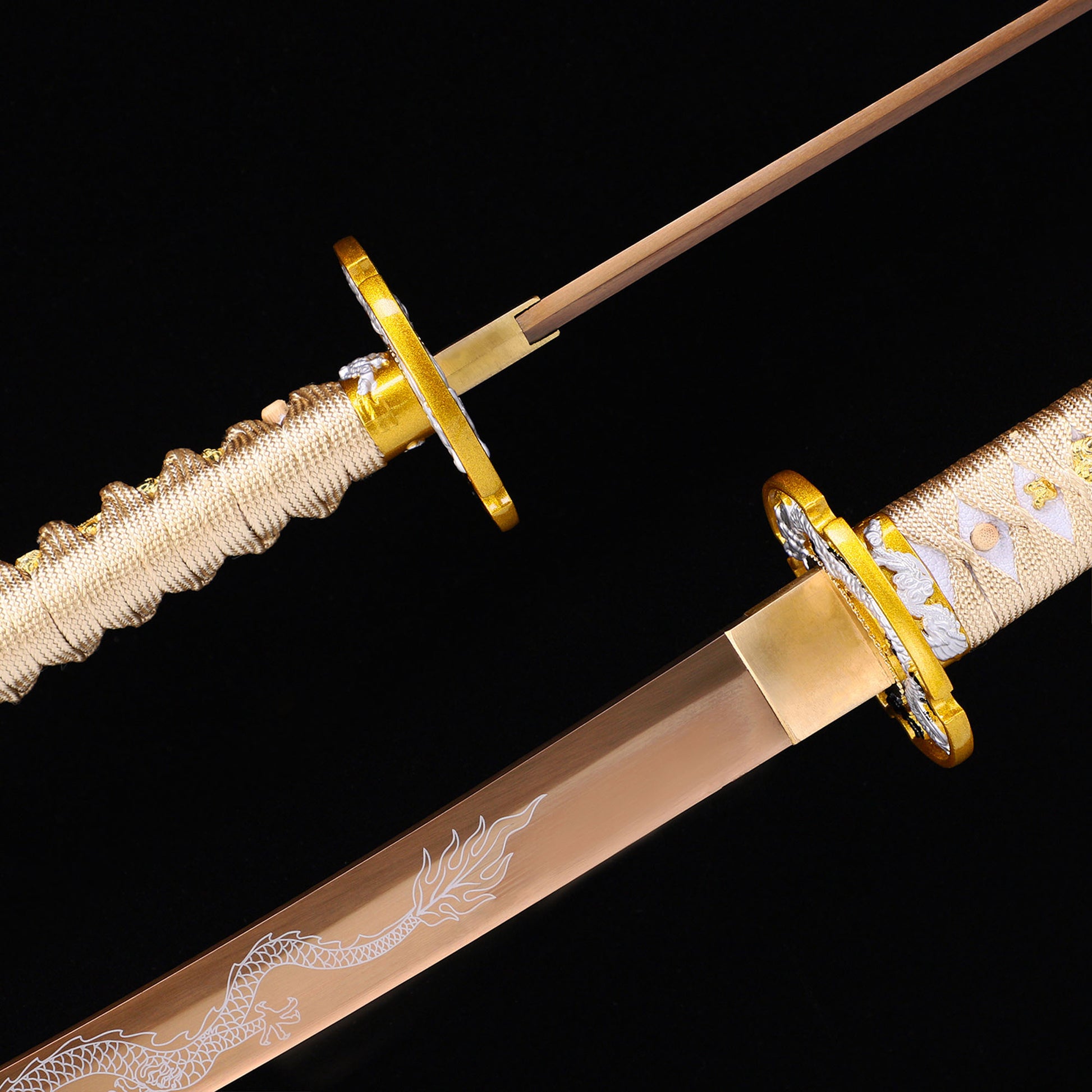 Golden Dragon katana blade close-up - razor sharp gold edge and hamon detail