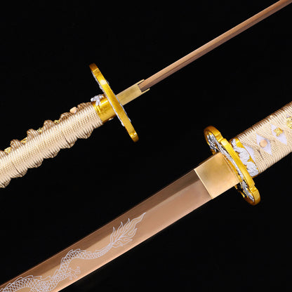 Golden Dragon katana blade close-up - razor sharp gold edge and hamon detail