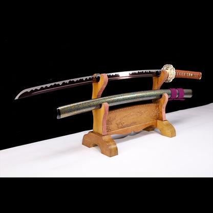 Color treated blade katana angled view - multi tone blade finish and curvature detail