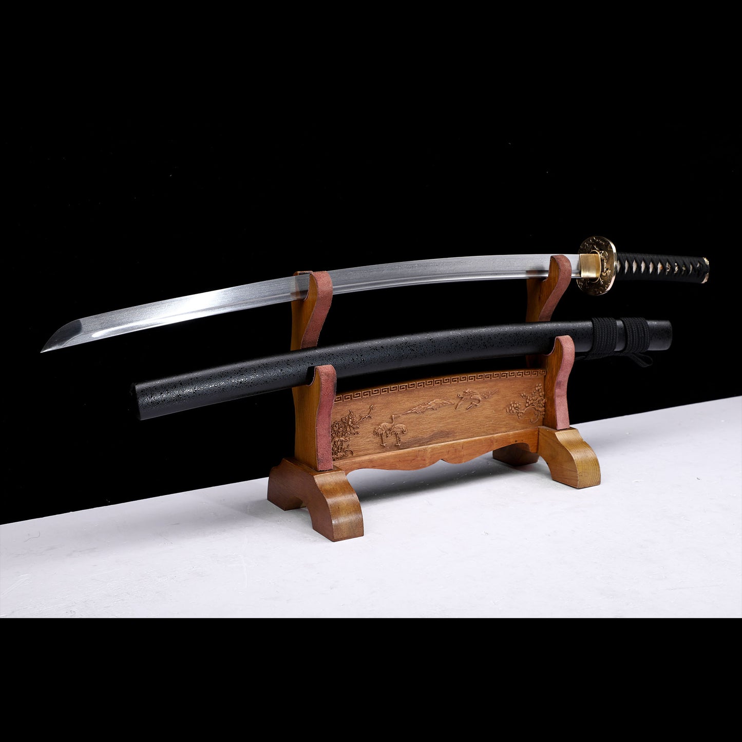 Damascus Steel Hand-Forged Katana with Black Grain Saya & Copper Fittings