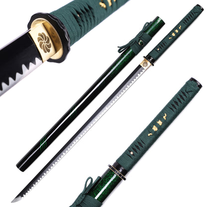 Full tang removable Japanese sword green saya full length view - samurai katana
