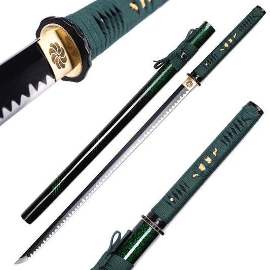 Full tang removable Japanese sword green saya full length view - samurai katana