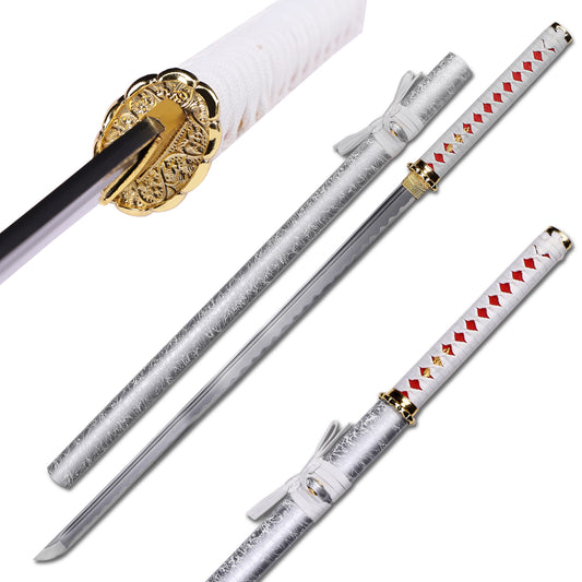 65Mn steel white saya katana full length view - full tang spring steel samurai sword