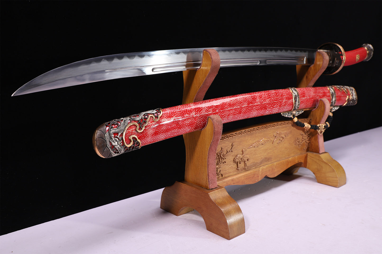 Bright Red Genuine Ray Skin Gold Silver Plated Relief Brass Sword