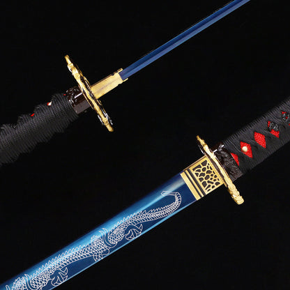 Blue Black Dragon katana spine close-up - mune and blade thickness detail