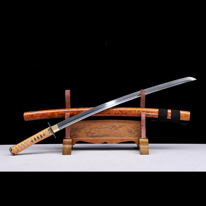 Damascus Steel Engraved Blade Katana, Burl Wood Grain Lacquer Saya