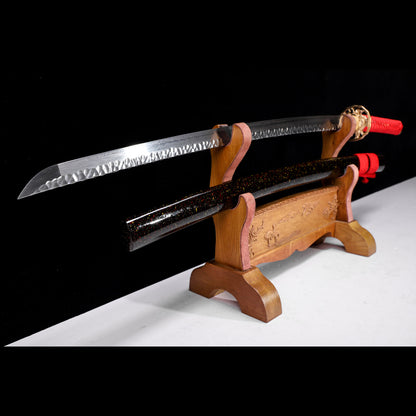 Hand-Forged Damascus Steel Katana with Hammered Blade, Red Handle & Black Saya