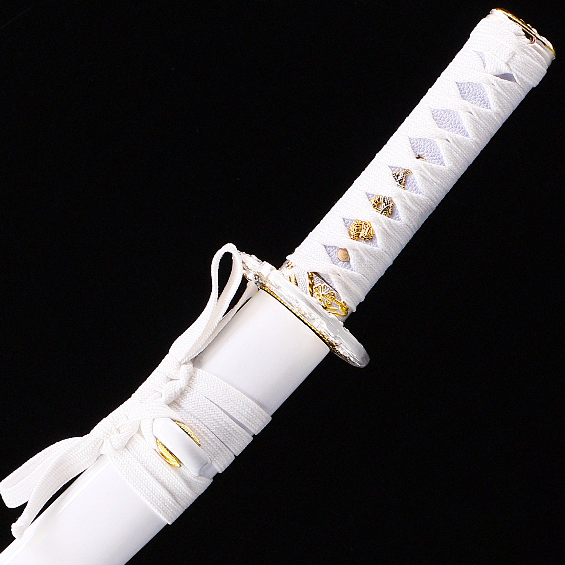 White handle floral tanto side profile - full tang steel blade floral pattern saya