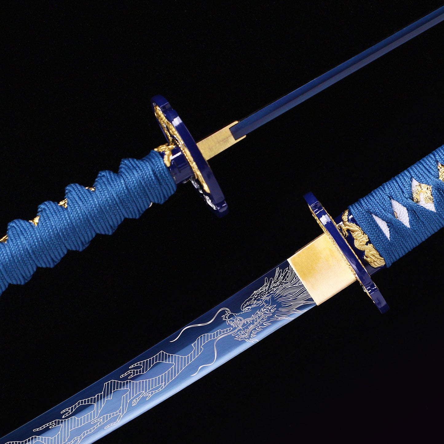Blue Dragon katana blade close-up - razor sharp blue edge and hamon detail