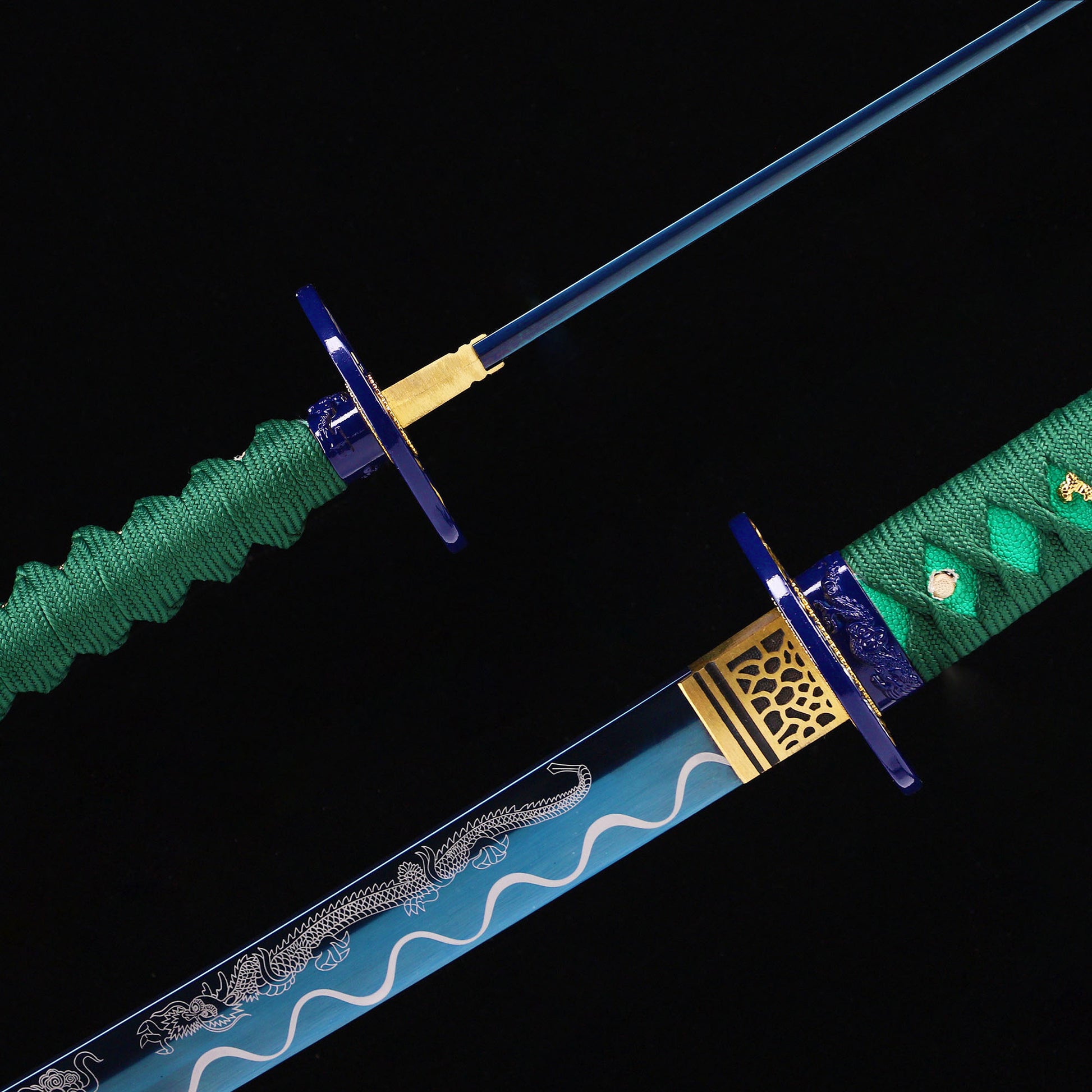 Blue Green Dragon katana blade close-up - razor sharp teal edge and hamon detail