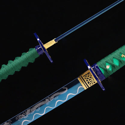 Blue Green Dragon katana blade close-up - razor sharp teal edge and hamon detail