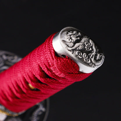 Red handle blood splatter tanto angled view - blade curvature and splatter pattern saya