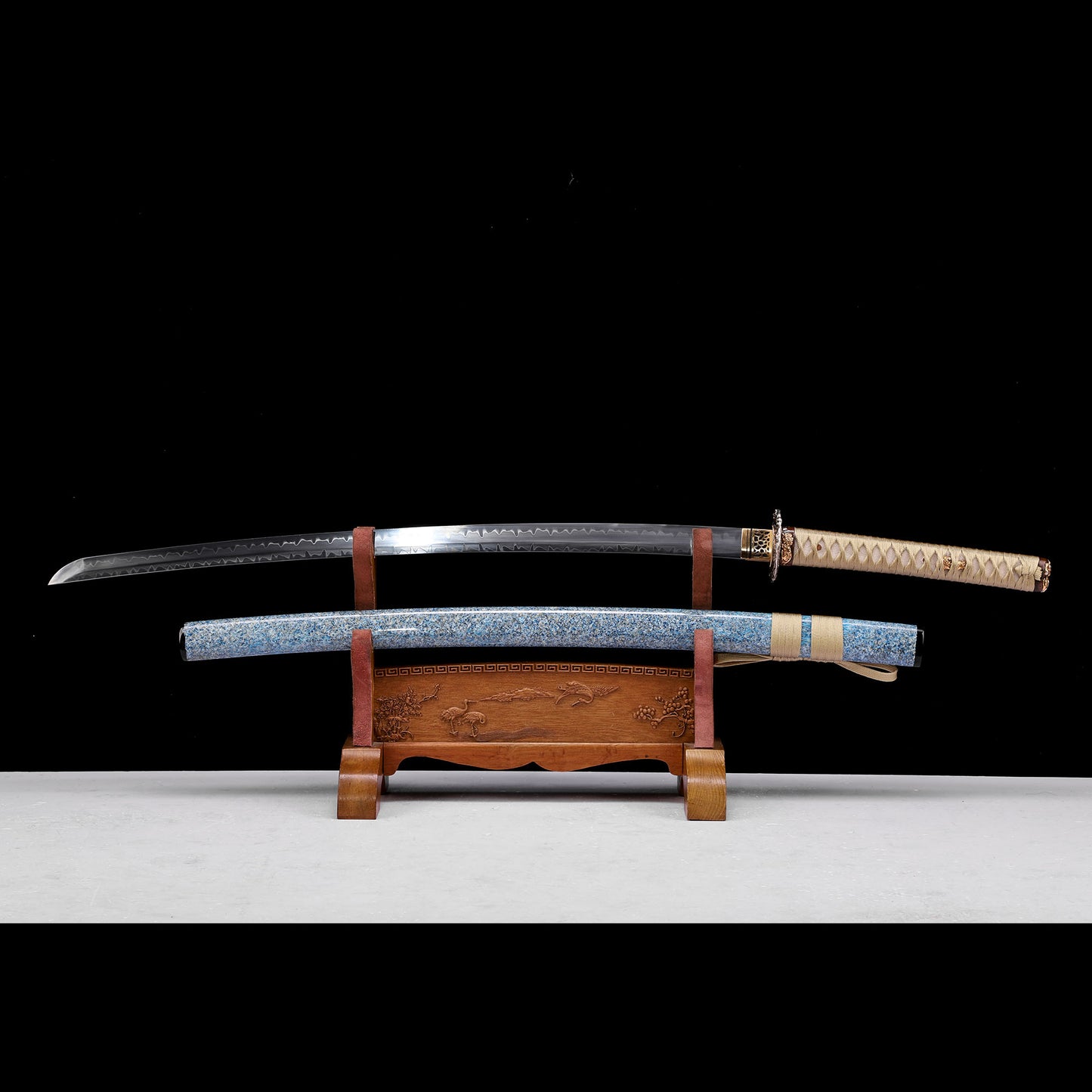 T10 Steel Double Hamon Katana with Beige Handle & Blue-White Art Lacquer Saya