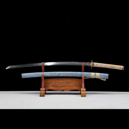 T10 Steel Double Hamon Katana with Beige Handle & Blue-White Art Lacquer Saya