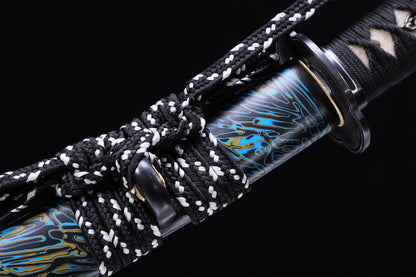 Blue Pattern R lacquer Saya Silver Inlaid Iron Fittings Full Tang Katana