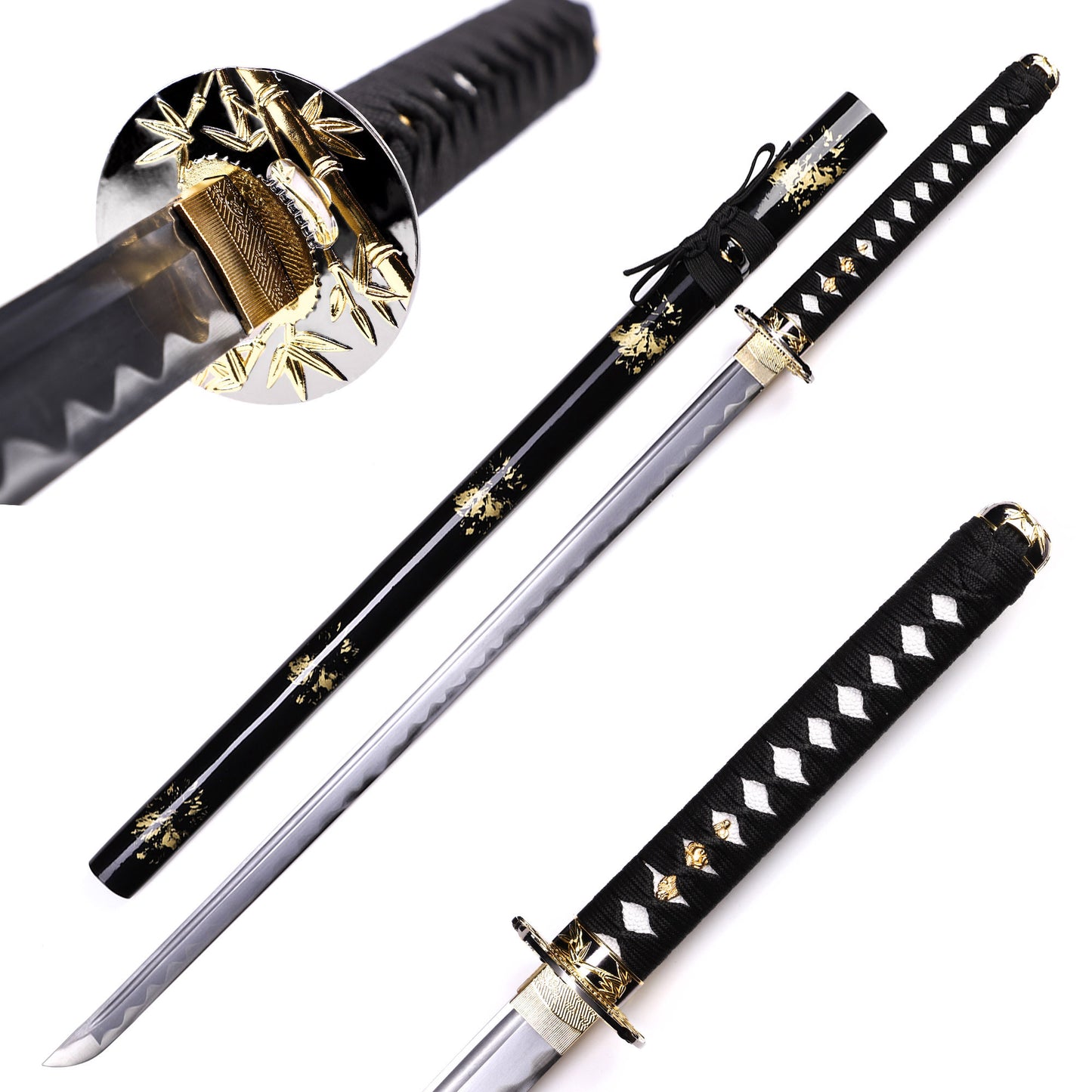 Full tang removable Japanese sword black gold leaf saya angled view - samurai katana