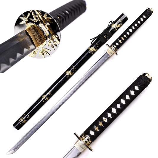 Full tang removable Japanese sword black gold leaf saya angled view - samurai katana