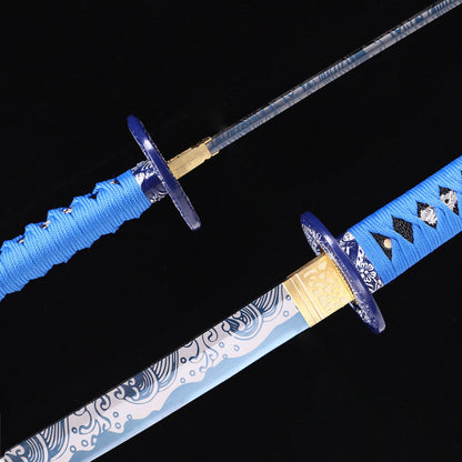 Blue Dragon katana blade close-up - razor sharp blue edge and hamon detail