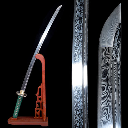 Twisted Damascus Steel Katana, Marble Wood Grain Lacquer Saya