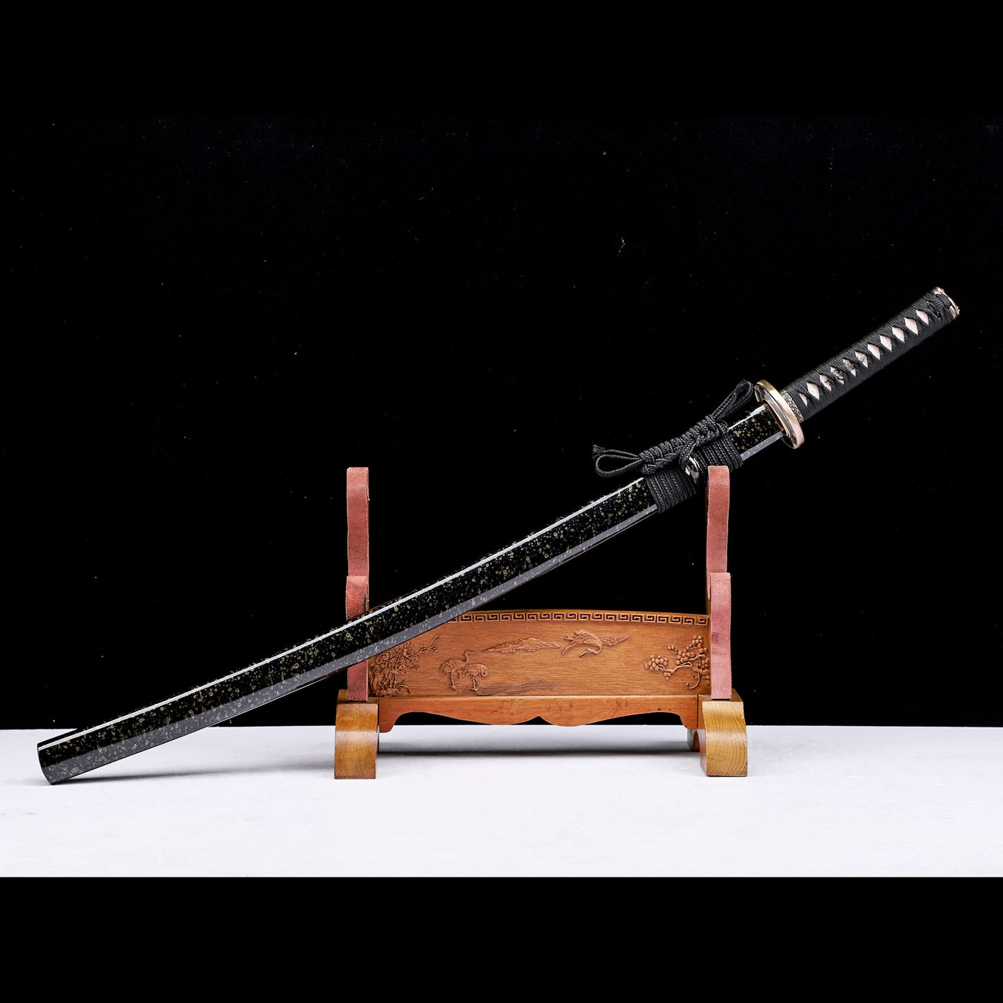 Layered Damascus Steel Hand Forged Katana, Black Gold Glitter Lacquer Saya