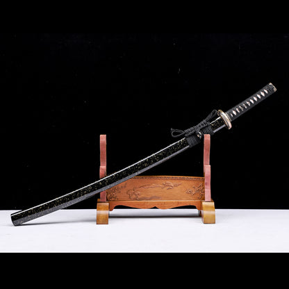 Layered Damascus Steel Hand Forged Katana, Black Gold Glitter Lacquer Saya