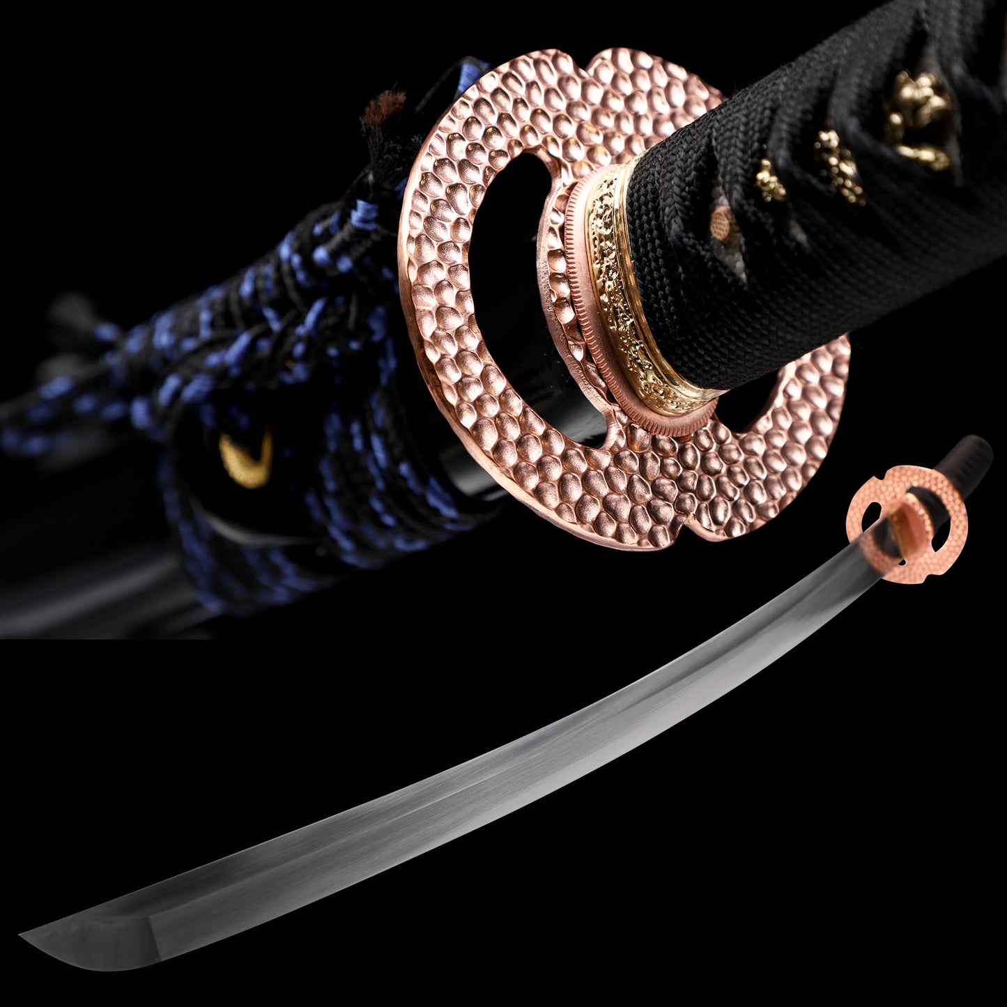 Hammered copper tsuba close-up - hand hammered copper hand guard texture detail