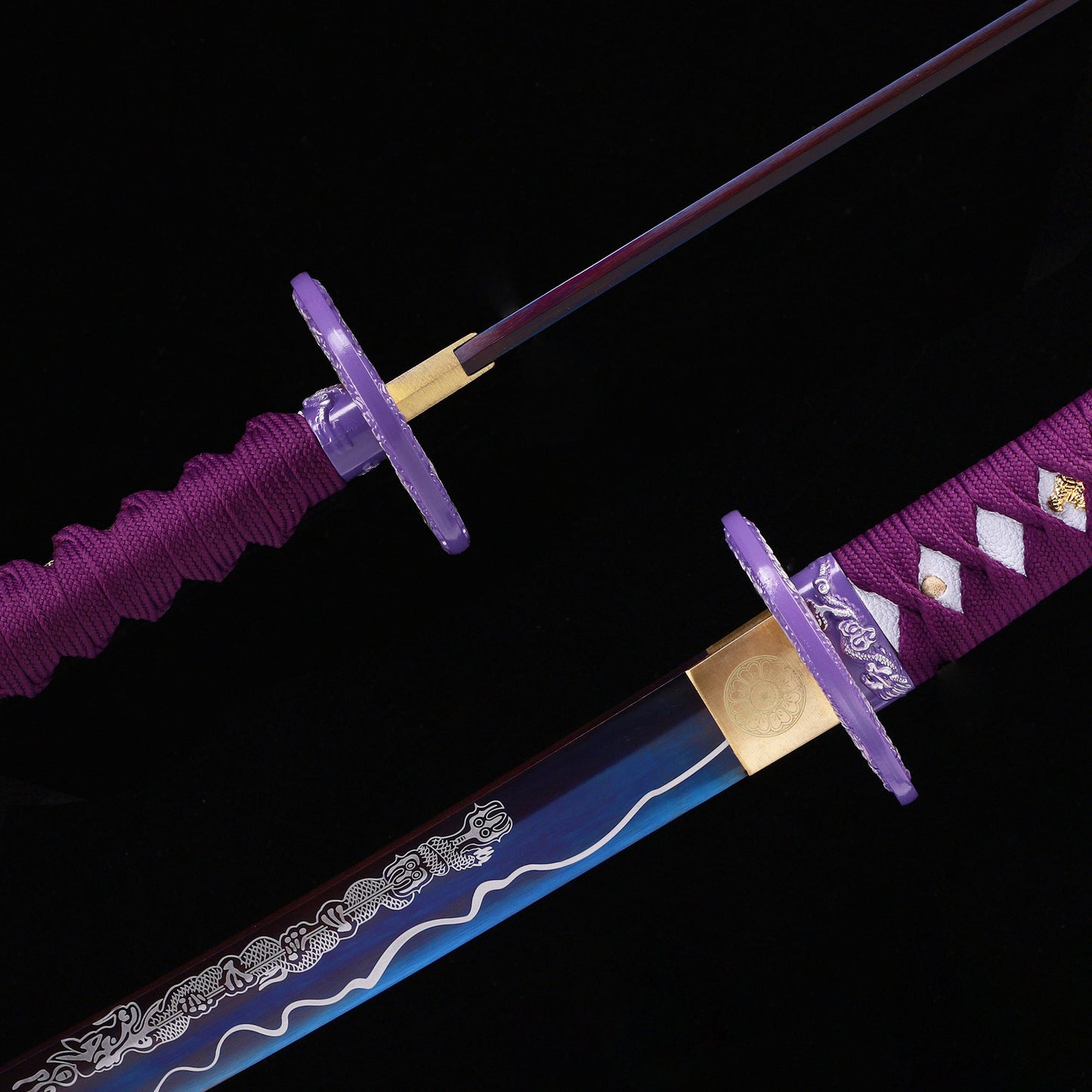 Purple Dragon katana lifestyle display alternate angle - complete set