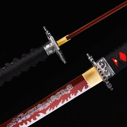 Dark Red Dragon katana blade close-up - razor sharp red edge and hamon detail