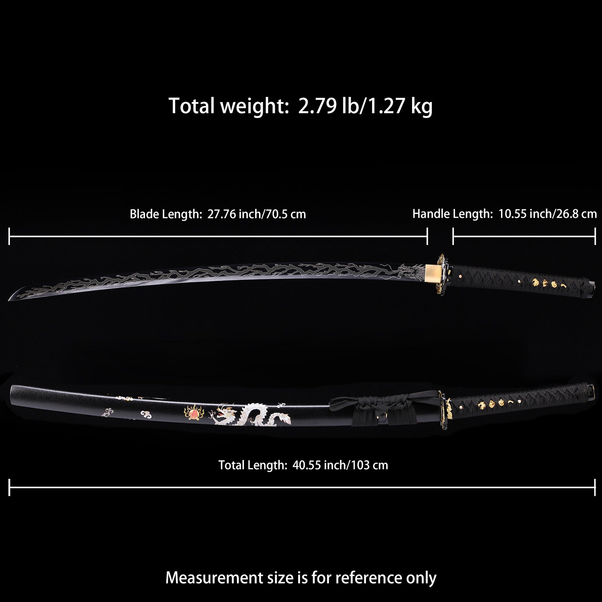 Black Dragon Japanese samurai sword katana  Size chart