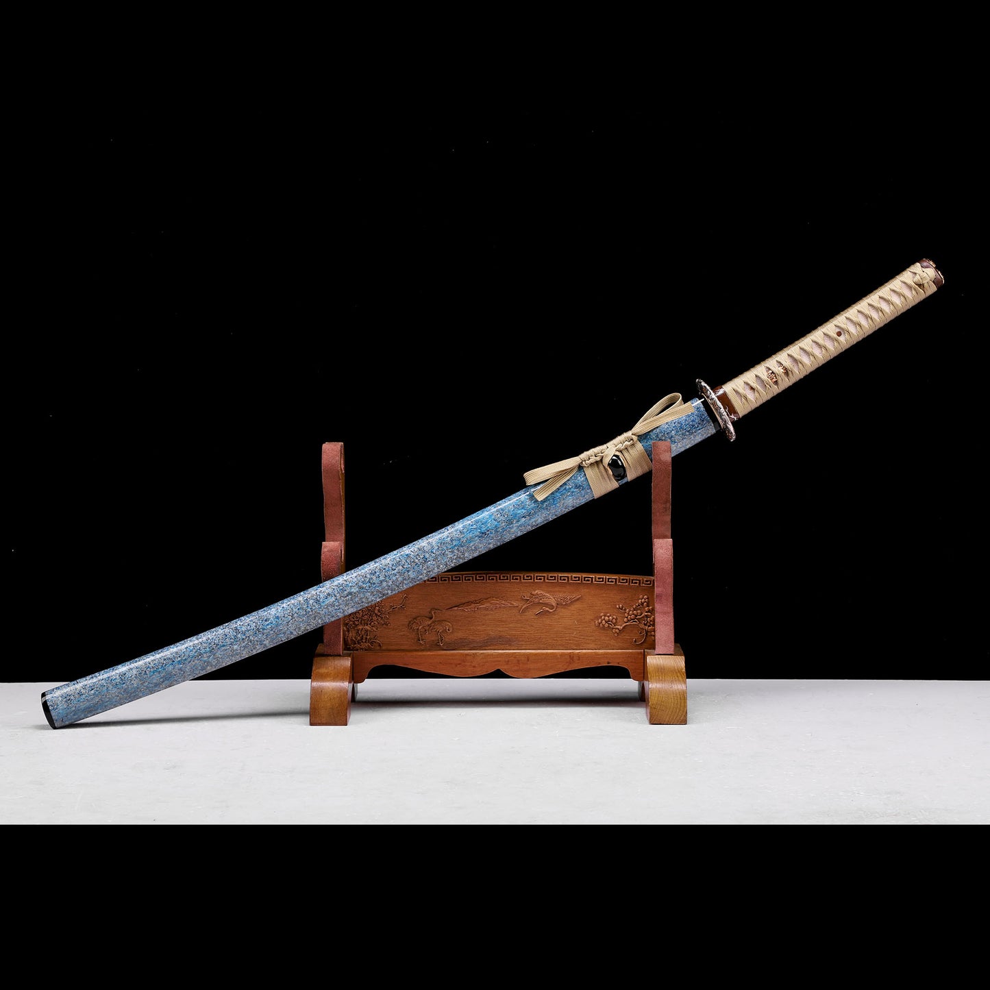 T10 Steel Double Hamon Katana with Beige Handle & Blue-White Art Lacquer Saya