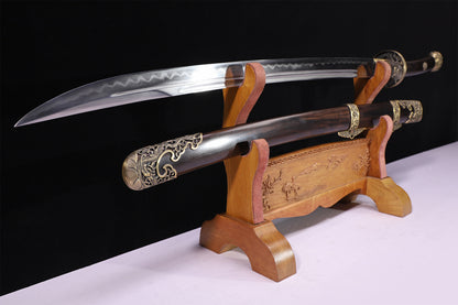 Solid Ebony Wood Hollow Relief Brass Fittings Vintage  Sword