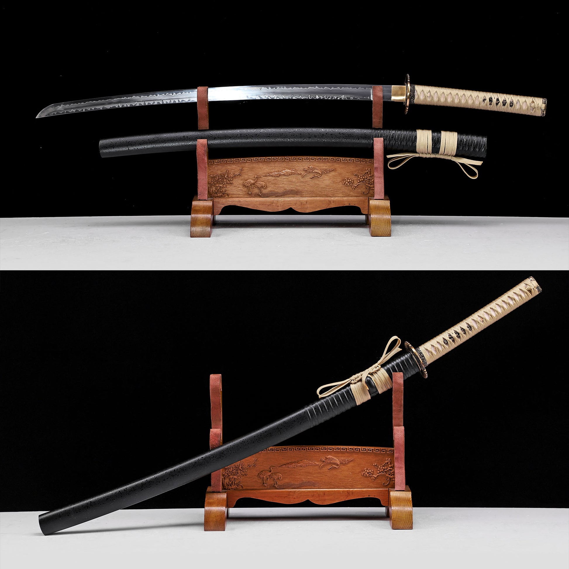 T10 steel double hamon katana side profile - full tang clay tempered matte black saya