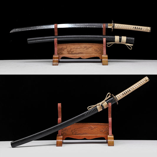 T10 steel double hamon katana side profile - full tang clay tempered matte black saya