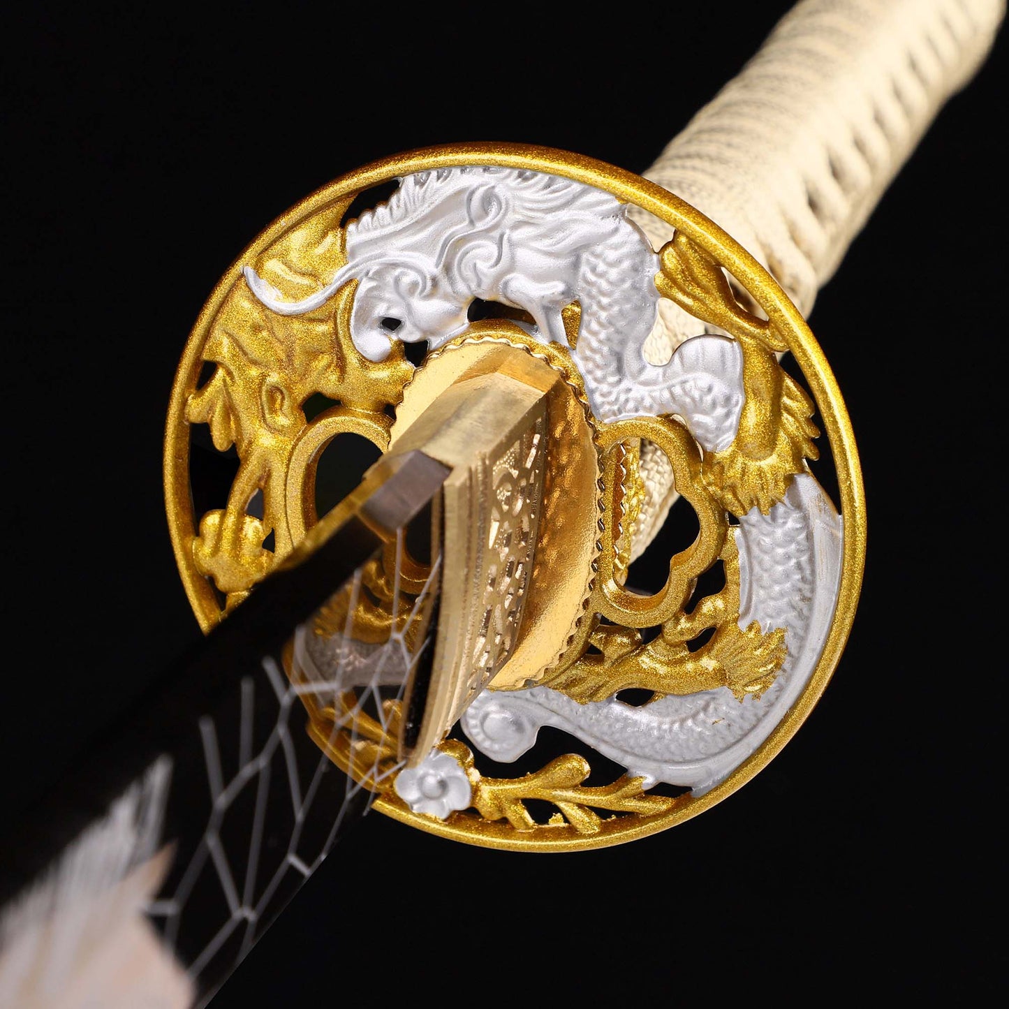 Golden Dragon katana tsuba guard detail - dragon motif hand guard close-up