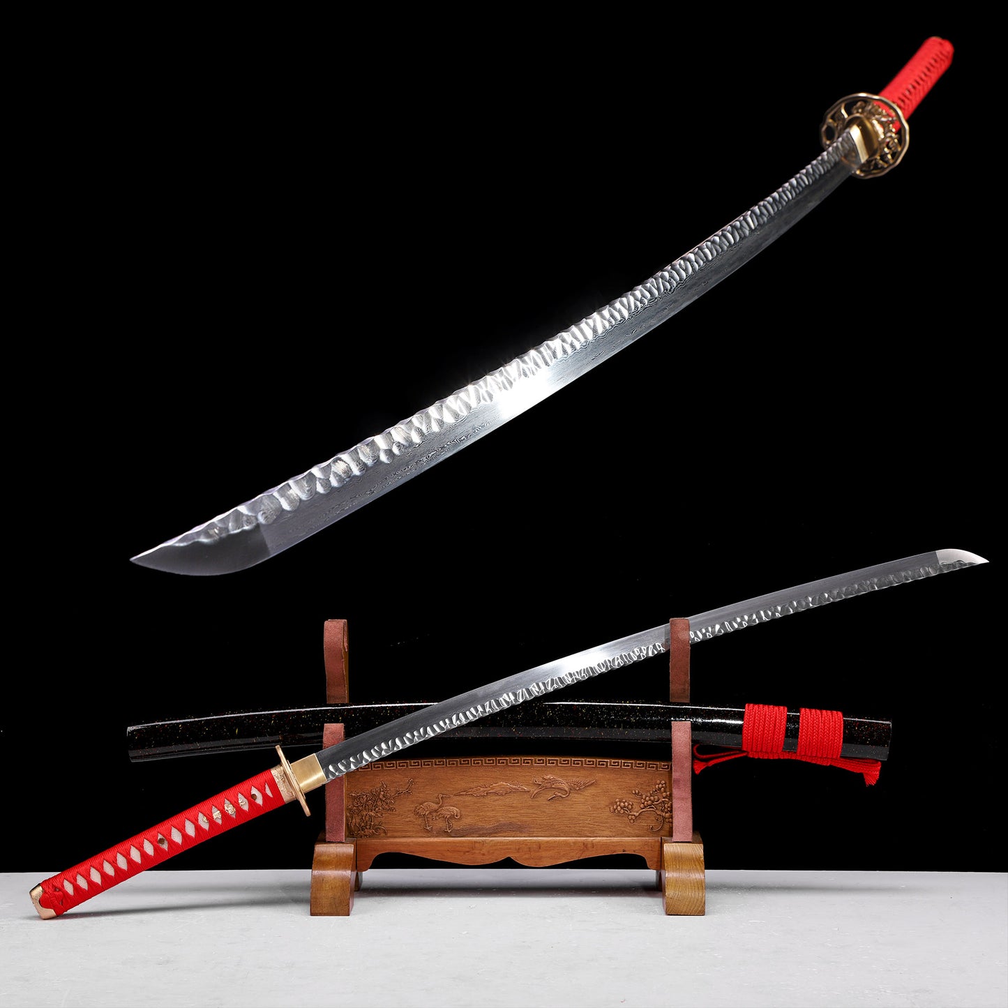 Hand-Forged Damascus Steel Katana with Hammered Blade, Red Handle & Black Saya