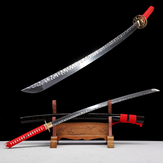 Hand-Forged Damascus Steel Katana with Hammered Blade, Red Handle & Black Saya