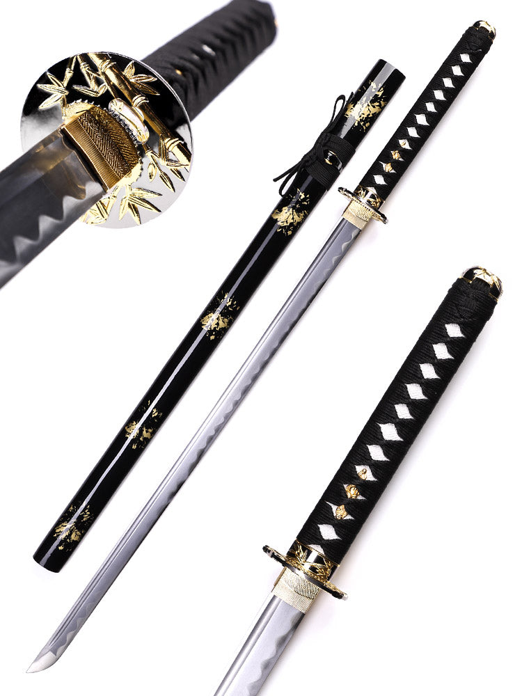 Full tang removable Japanese sword with black gold leaf saya - complete set view
