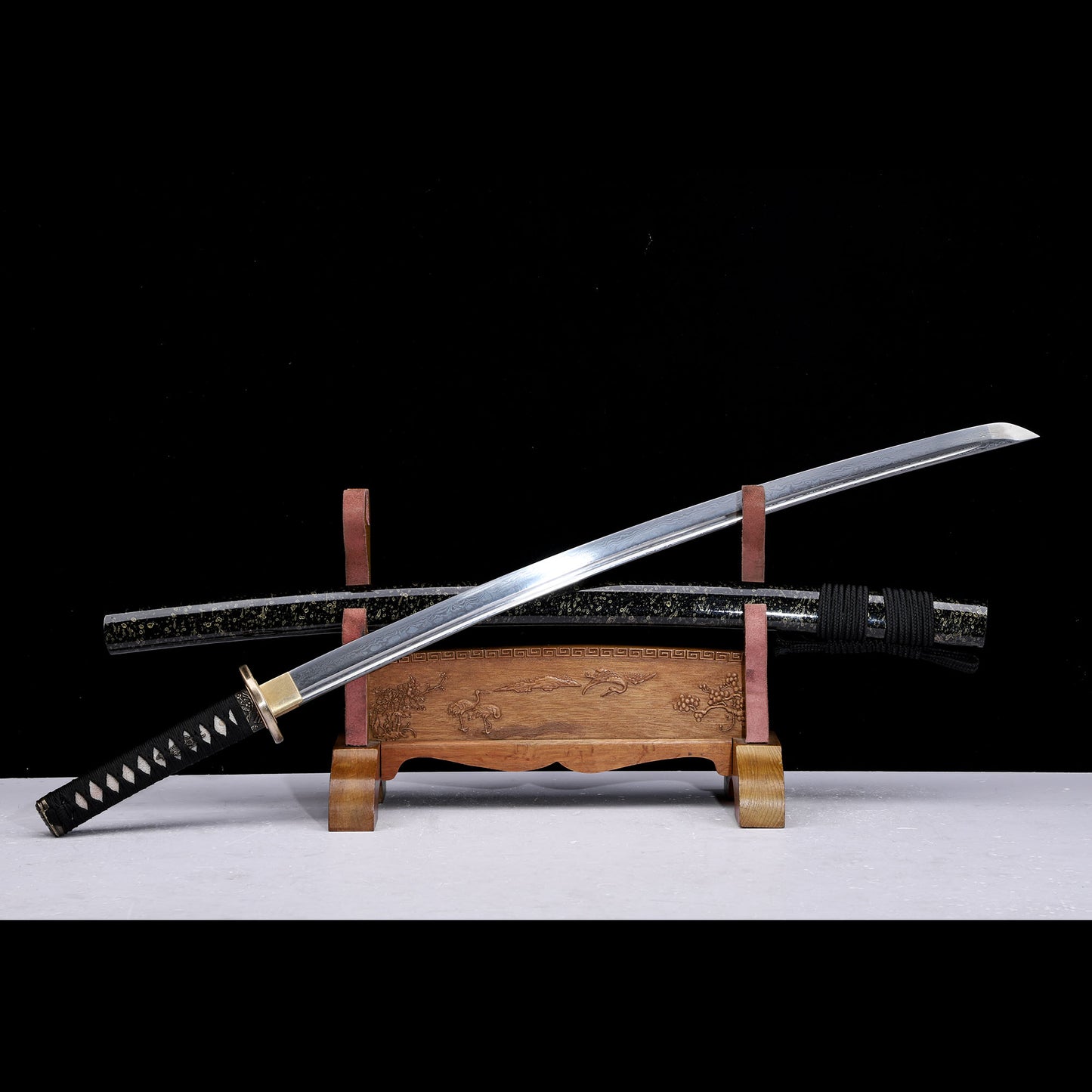 Layered Damascus Steel Hand Forged Katana, Black Gold Glitter Lacquer Saya
