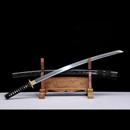 Layered Damascus Steel Hand Forged Katana, Black Gold Glitter Lacquer Saya