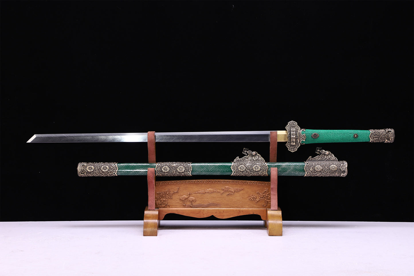 Emerald Green Genuine Ray Skin Scroll Floral Vintage Copper Fittings Sword