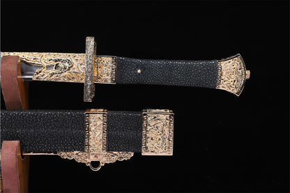 Qing Dynasty Fish Head Dao,  Genuine Ray Skin Saya Gold Plated Copper Fittings  Sword