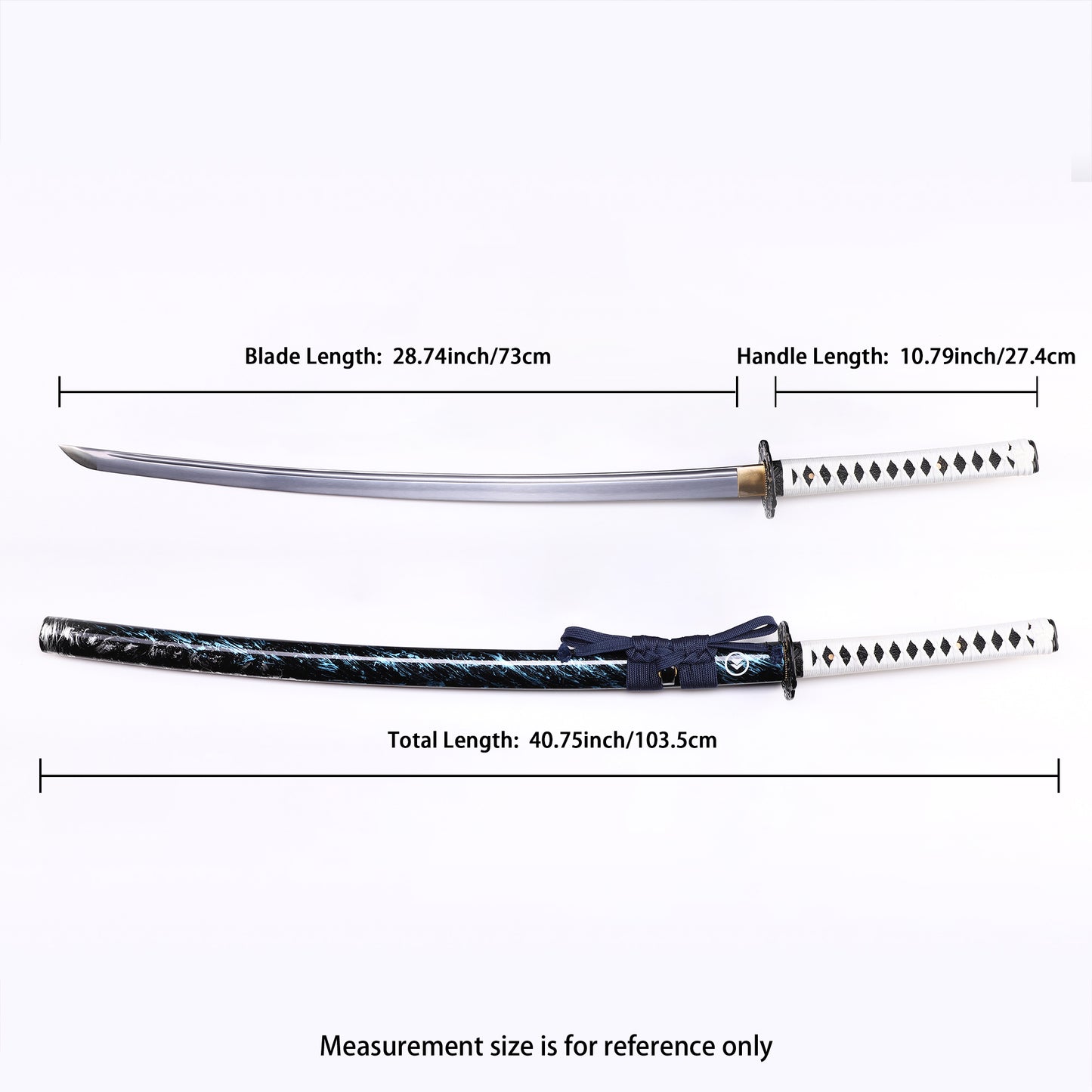White handle blue flame katana Full length dimension diagram of long knife