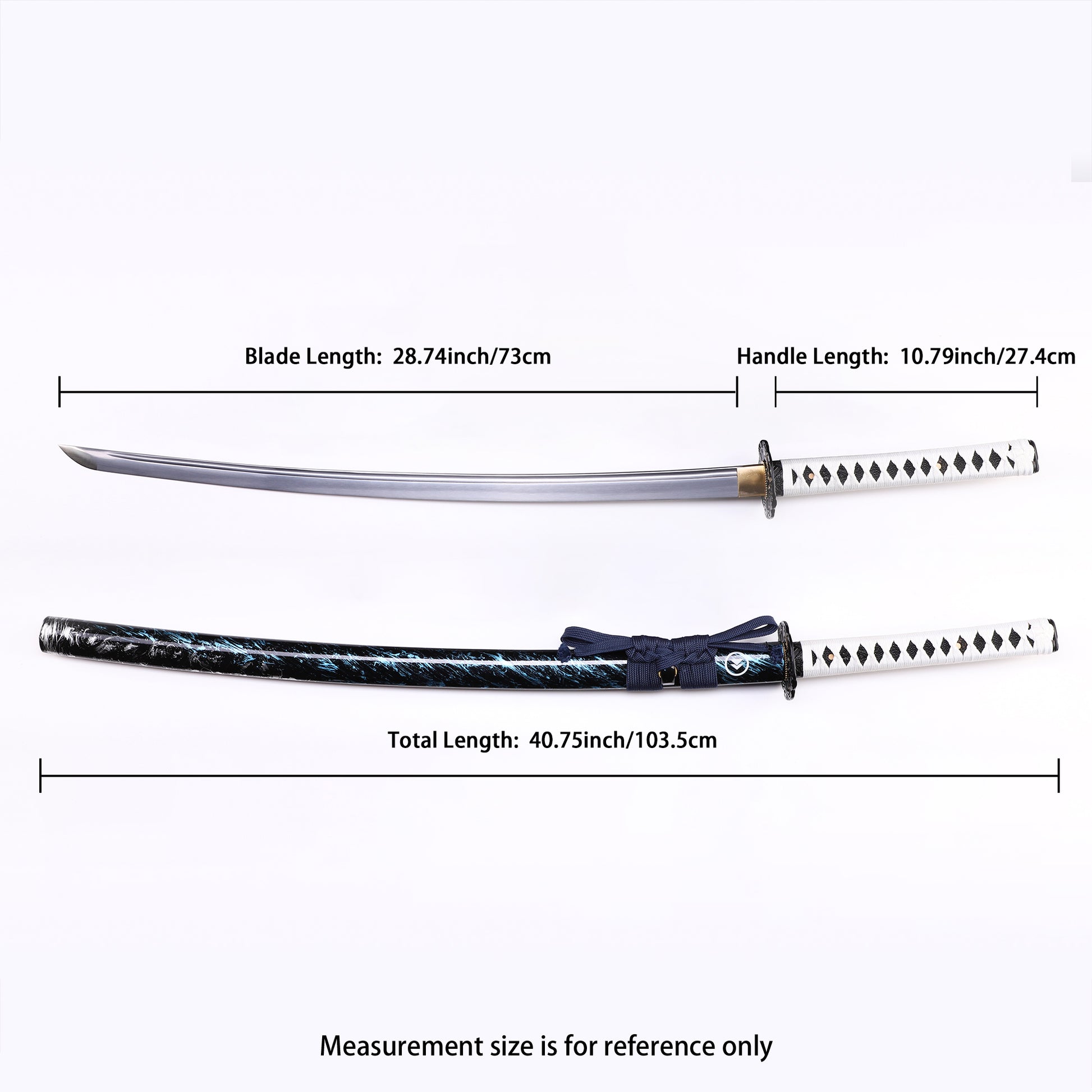 White handle blue flame katana Full length dimension diagram of long knife