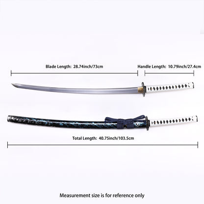 White handle blue flame katana Full length dimension diagram of long knife