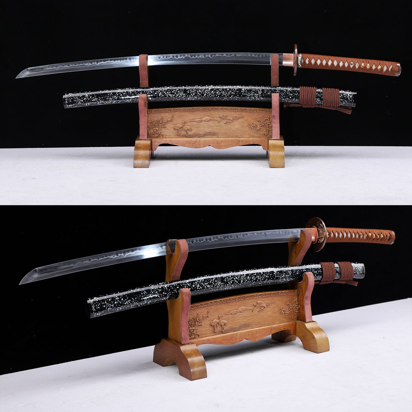Sanmai-Gumi Clay Tempered Katana, Koi Fish Relief Gold Silver Plated Copper Fittings