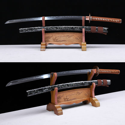 Sanmai-Gumi Clay Tempered Katana, Koi Fish Relief Gold Silver Plated Copper Fittings