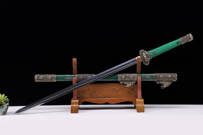 Emerald Green Genuine Ray Skin Vintage Engraved Copper Fittings Tang Straight sword