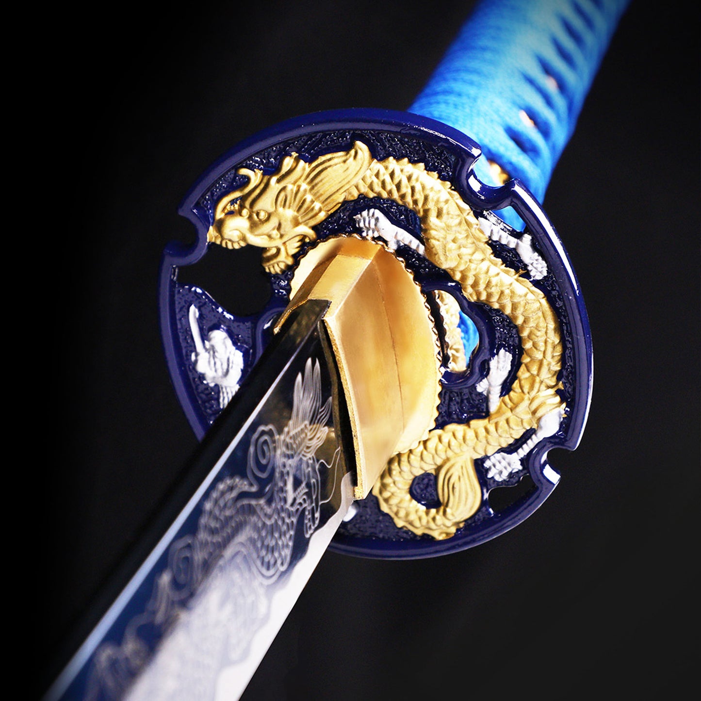 Blue Dragon katana tsuba guard detail - dragon motif hand guard close-up